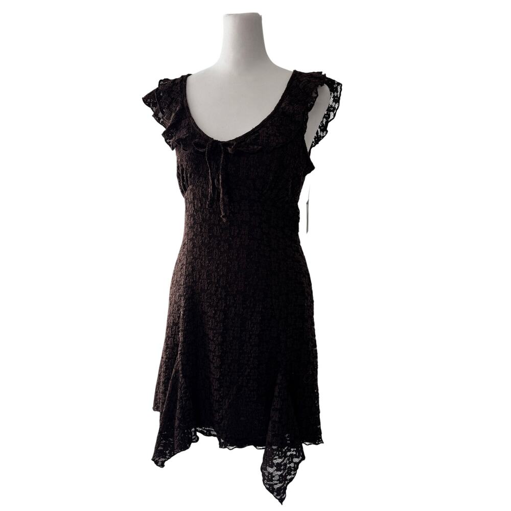 NWT No Comment Dark Brown Lace Ruffle Asymmetrical Stretch Knee Length Dress - Picture 3 of 10